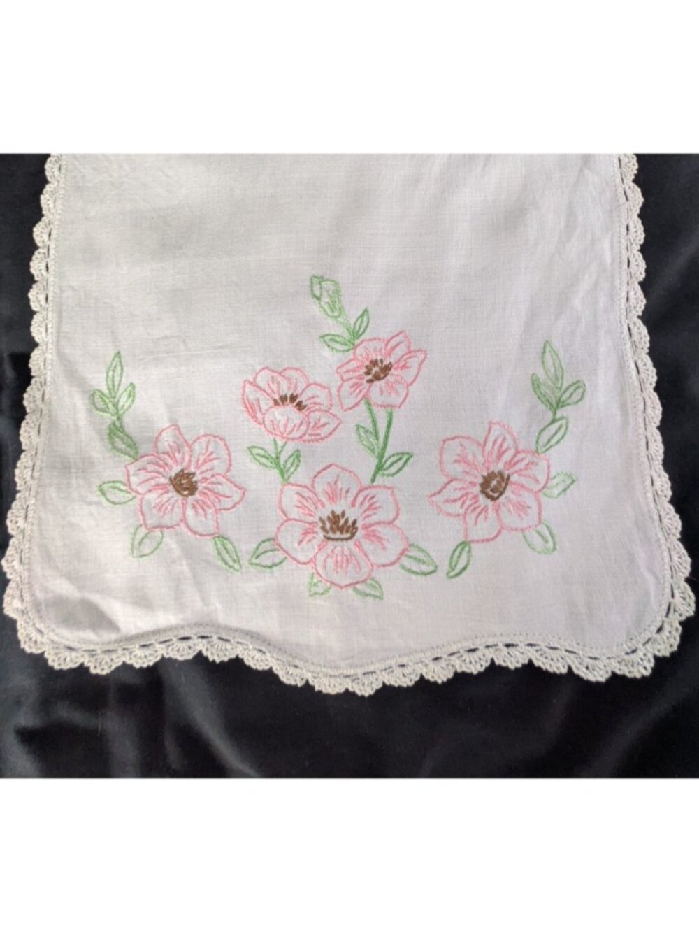 Vtg Linen Table Runner Dresser Scarf Pink Floral Embroidery on White 49x16